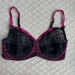 Mimi Holliday 36DD silk blend unlined lace underwire black pink Bra